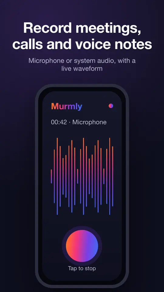Murmly recording screen with a live audio waveform while recording a meeting