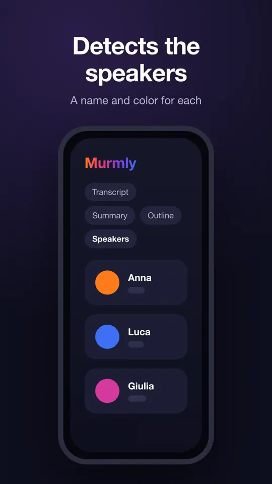 Murmly speaker detection assigning a name and color to each speaker